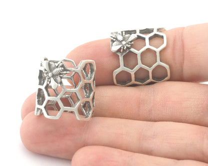 Honeycomb with Bee Adjustable Ring Antique Silver Plated Brass (17mm 7US inner size) OZ4304