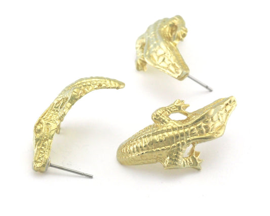 Crocodile earring post stud Raw brass 32x17.5mm 4368