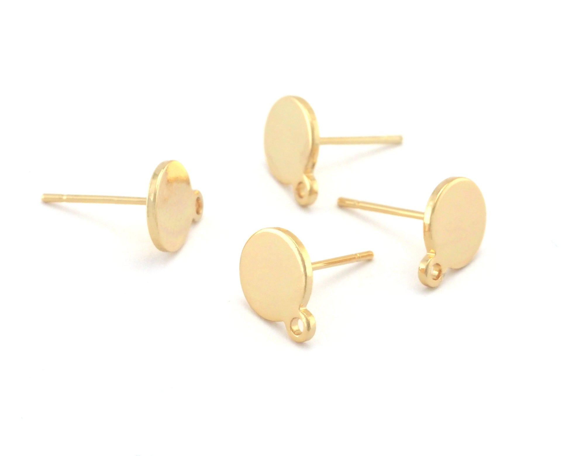 Circle disc earring post stud wire base with loop Shiny gold plated brass 10.5x8mm OZ4382