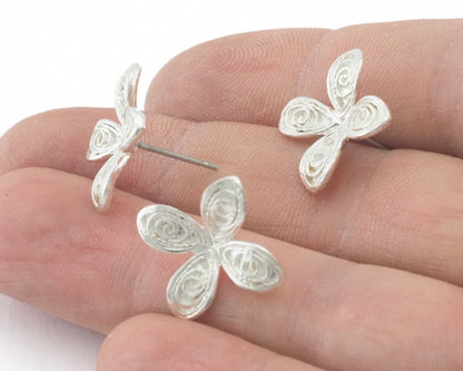 Flower blossom earring post stud wire base Shiny silver plated brass 14.5x14.5mm OZ4367