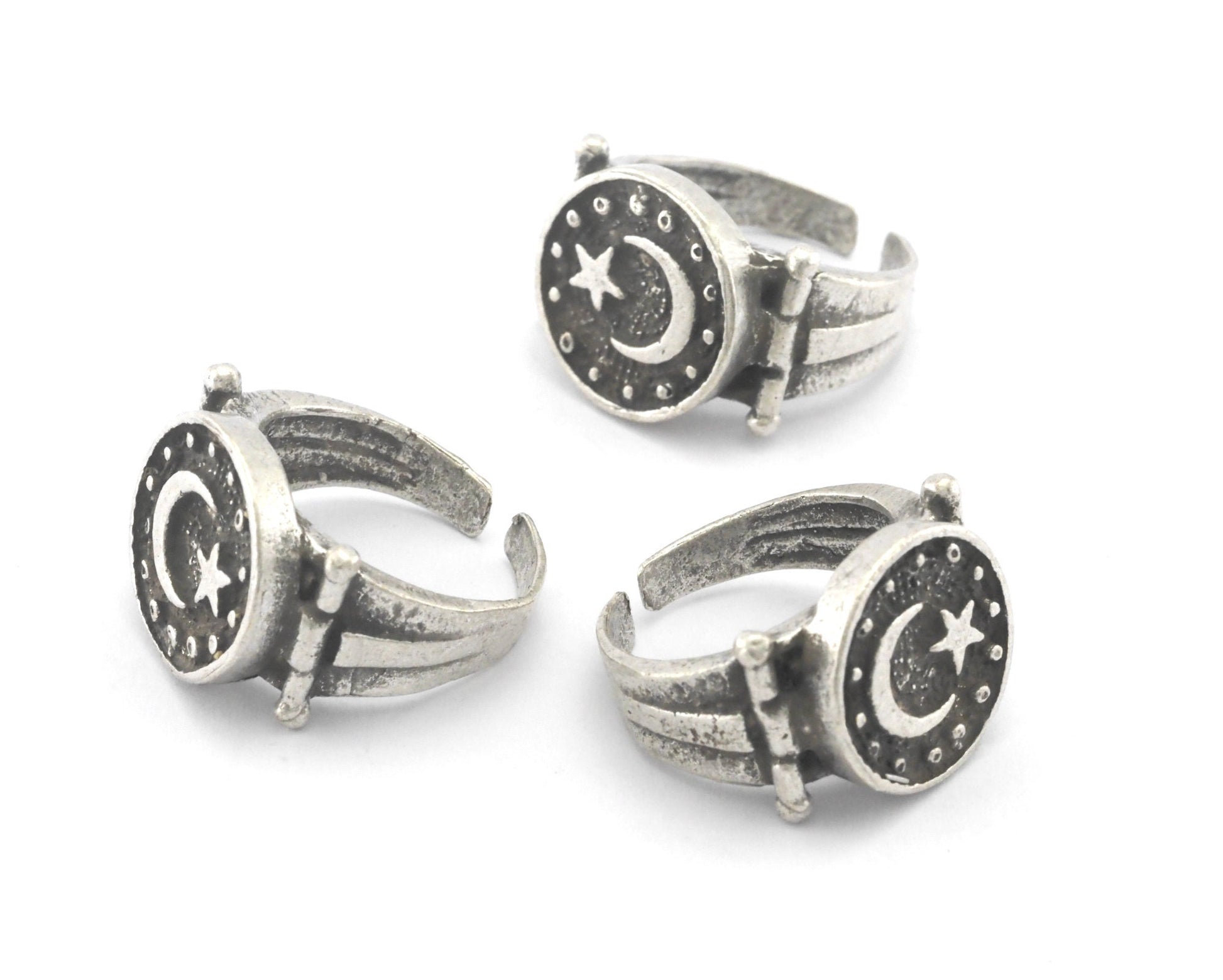 Signet Ring Crescent Star Adjustable Antique Silver Plated Brass OZ3997