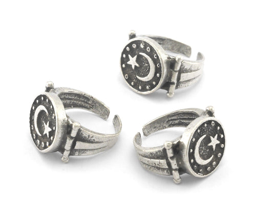 Signet Ring Crescent Star Adjustable Antique Silver Plated Brass OZ3997