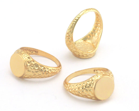 Hammered Signet Ring Blank - Shiny gold plated brass (16.25mm 5.5US inner size ) 10mm blank size 4390