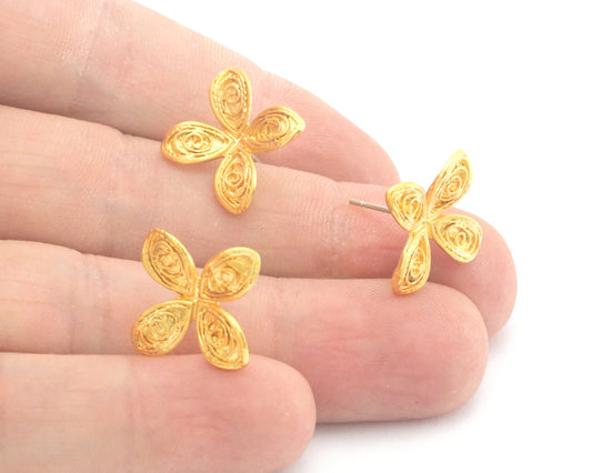 Flower blossom earring post stud wire base Shiny gold plated brass 14.5x14.5mm OZ4367