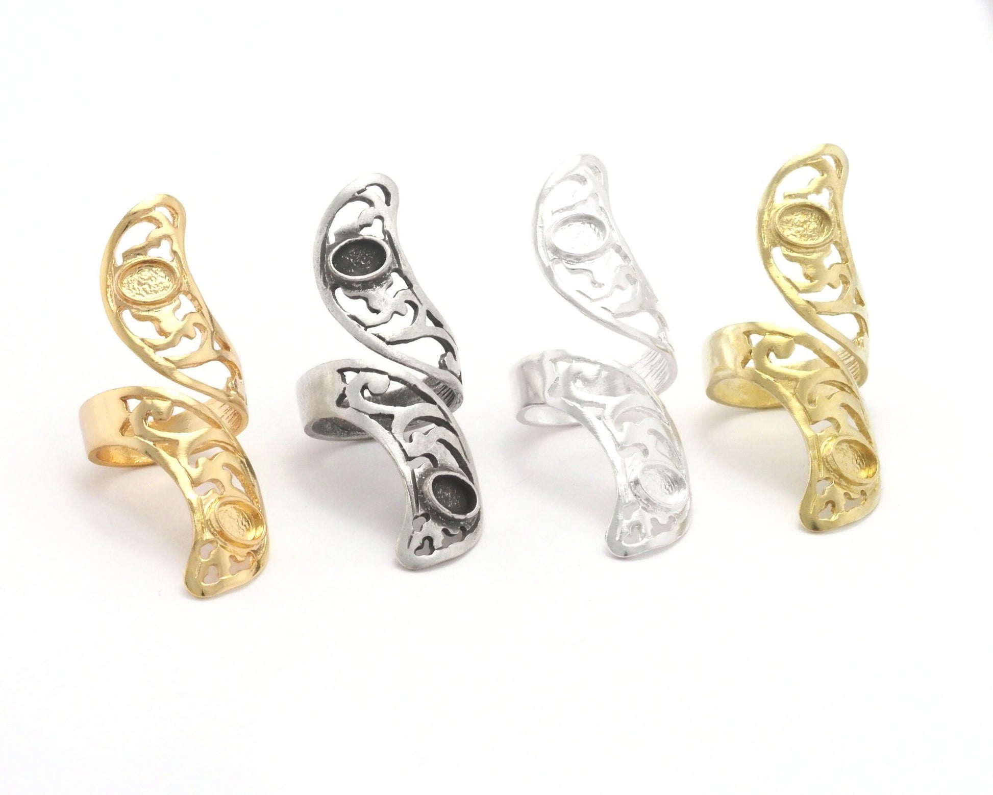 Leaf Ring Base 6x4mm Blank Textured Cup Bezel Adjustable Antique silver - Shiny Silver - Shiny gold - Raw brass (7-10US inner size ) 4422