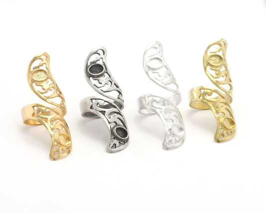 Leaf Ring Base 6x4mm Blank Textured Cup Bezel Adjustable Antique silver - Shiny Silver - Shiny gold - Raw brass (7-10US inner size ) 4422