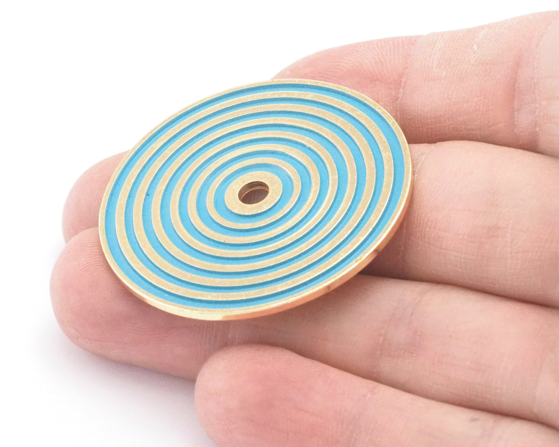 Circle round stripe carved 40mm (4mm middle hole) Blue painted gold plated brass pendant earring necklace 2108