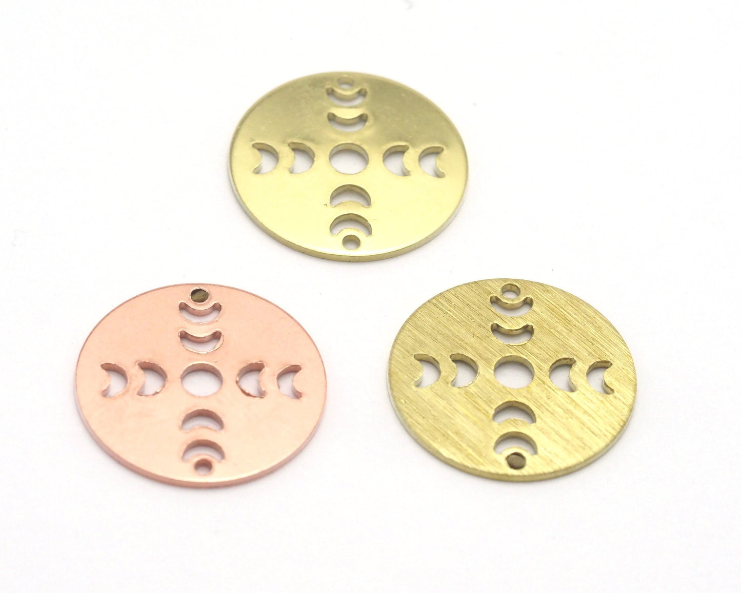 Round Moon 22mm (States of the moon) Copper - raw brass - brushed brass 2 holes connector charms findings 4465