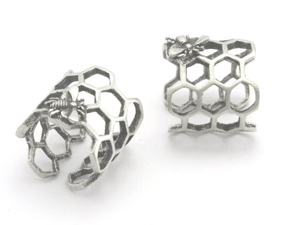 Honeycomb with Bee Adjustable Ring Antique Silver Plated Brass (17mm 7US inner size) OZ4304