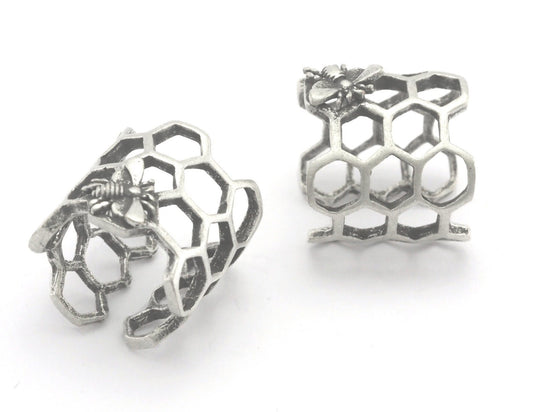 Honeycomb with Bee Adjustable Ring Antique Silver Plated Brass (17mm 7US inner size) OZ4304