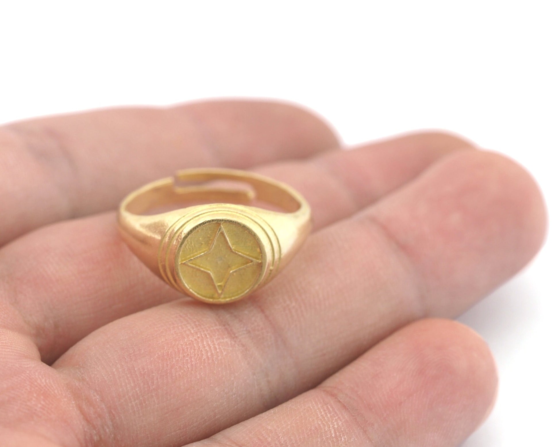 Star Signet Ring Adjustable Raw Brass (12.5-14US inner size) 3626