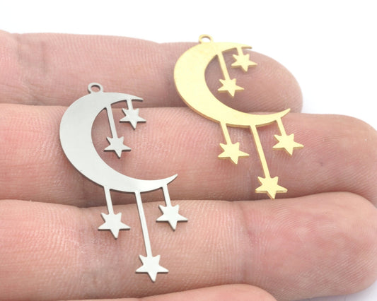 Crescent Moon Star charms pendant Raw Brass, Stainless Steel 42x18mm 0.5 mm 1 hole Findings 3070