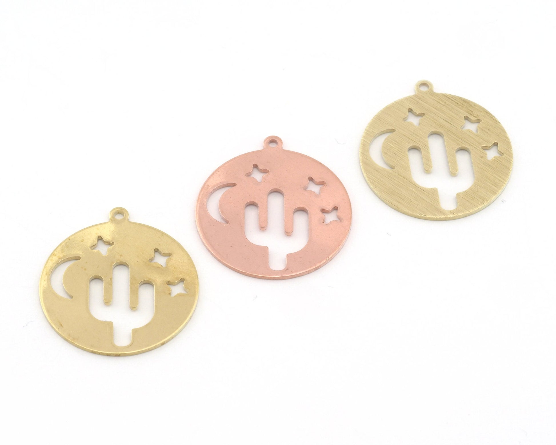 Round Cactus Crescent Moon star 22x24.5mm Copper - raw brass - brushed brass 1 holes charms findings 3745-200