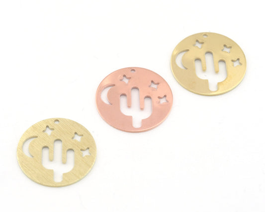 Round Cactus Crescent Moon star 22mm Copper - raw brass - brushed brass 1 holes charms findings 3627-200