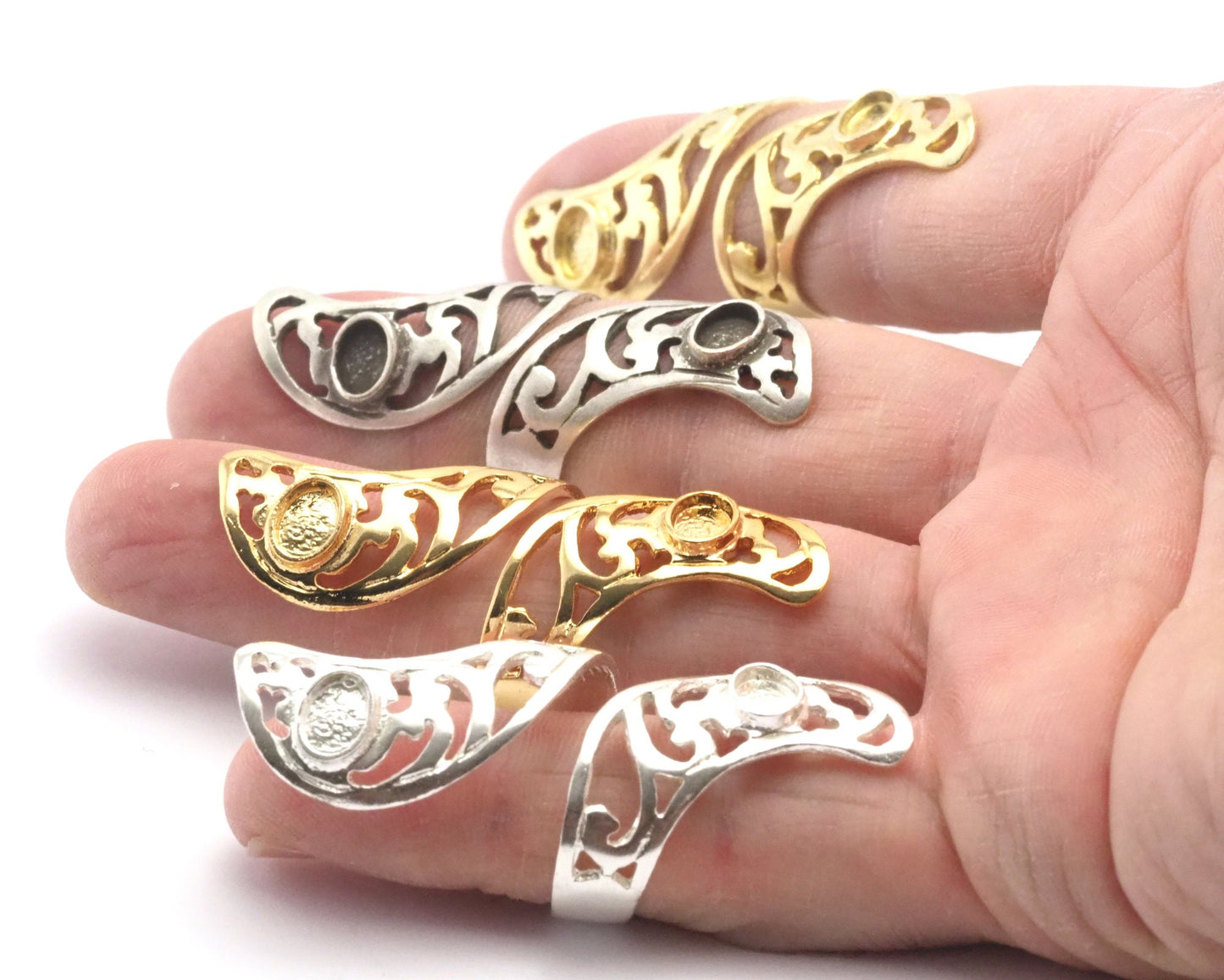 Leaf Ring Base 6x4mm Blank Textured Cup Bezel Adjustable Antique silver - Shiny Silver - Shiny gold - Raw brass (7-10US inner size ) 4422