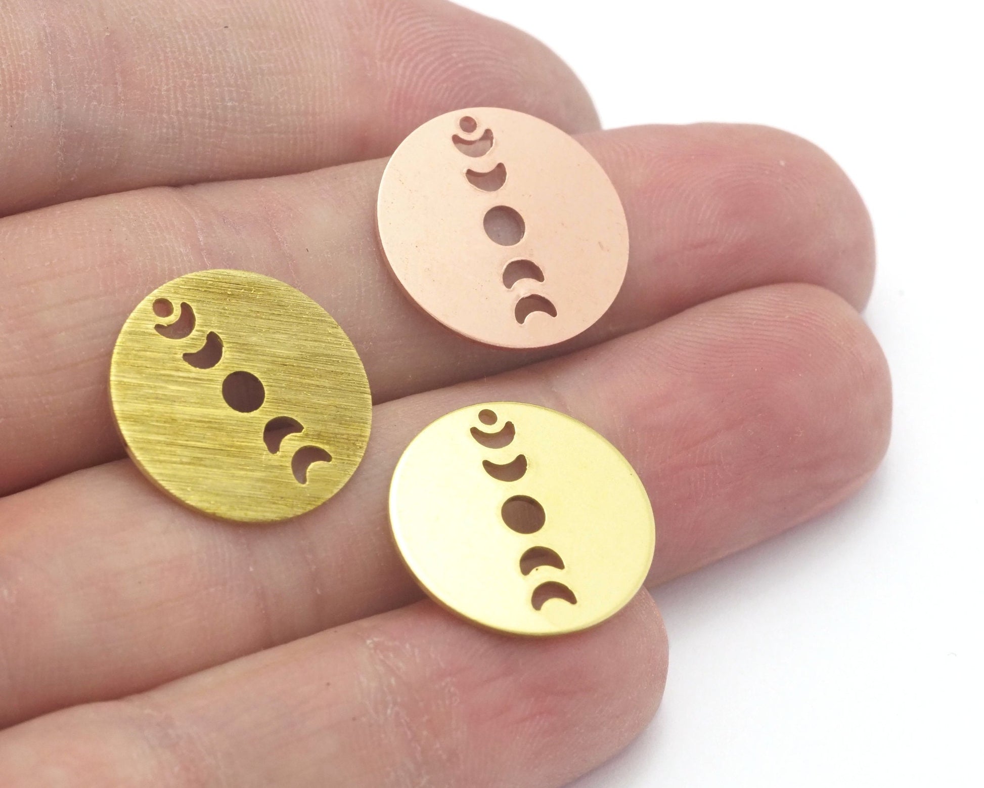 Round Moon 18mm (States of the moon) Copper - raw brass - brushed brass 1 holes connector charms findings 4457