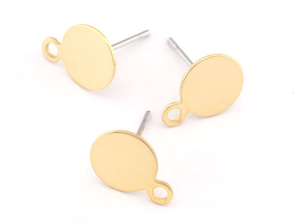 Circle Earring Stud posts with dangle loop Shiny gold plated brass 11x8mm 4555