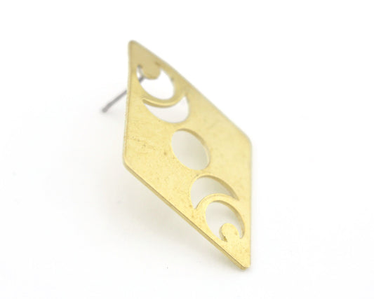Rhombus Earring Stud Posts States of the moon , Raw brass , 40x26mm 4560