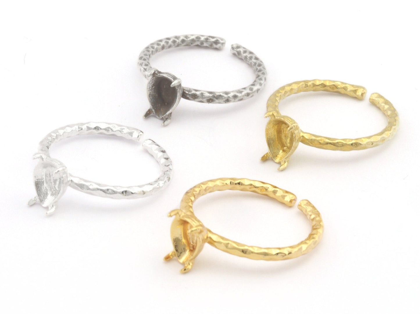 Pear Hammered Ring Base Adjustable Ring Bezel Raw Brass - Shiny silver - Antique silver - Shiny gold plated (8x6mm blank) OZ4571