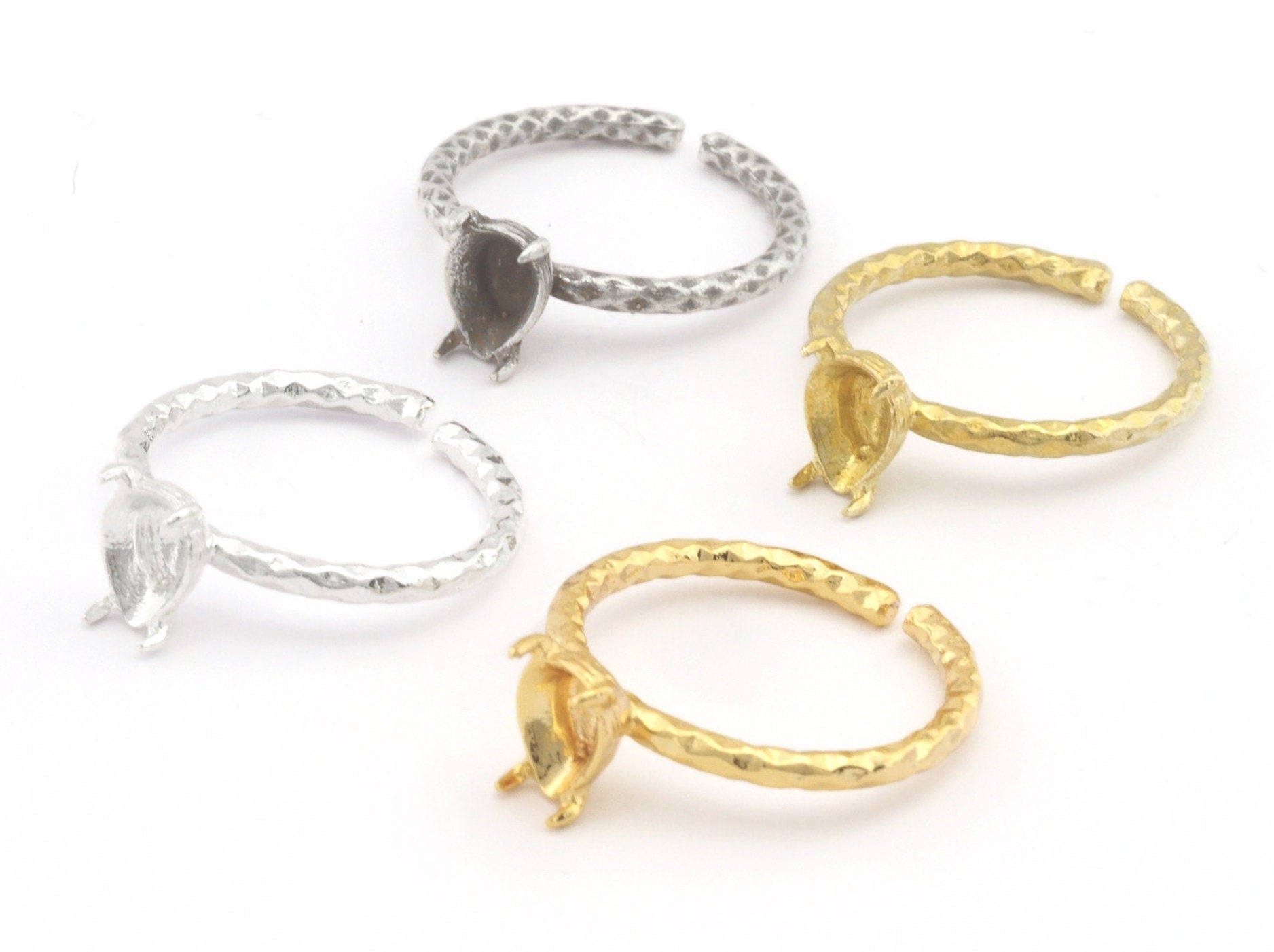 Pear Hammered Ring Base Adjustable Ring Bezel Raw Brass - Shiny silver - Antique silver - Shiny gold plated (8x6mm blank) OZ4571
