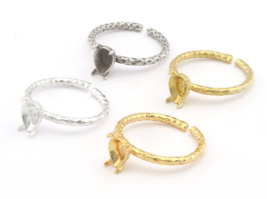 Pear Hammered Ring Base Adjustable Ring Bezel Raw Brass - Shiny silver - Antique silver - Shiny gold plated (8x6mm blank) OZ4571