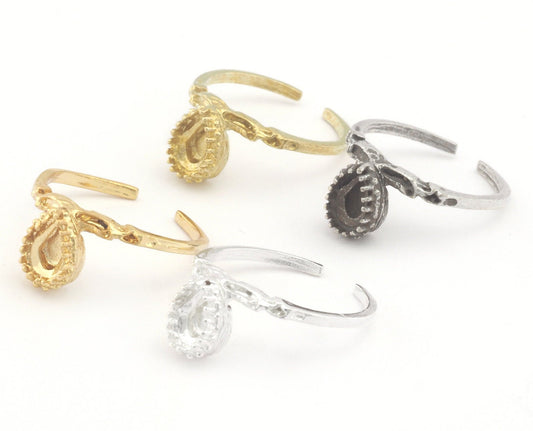 Pear drop Ethnic Ring Base Adjustable Ring Bezel Raw Brass - Shiny silver - Antique silver - Shiny gold plated (6x4 mm blank) OZ4486