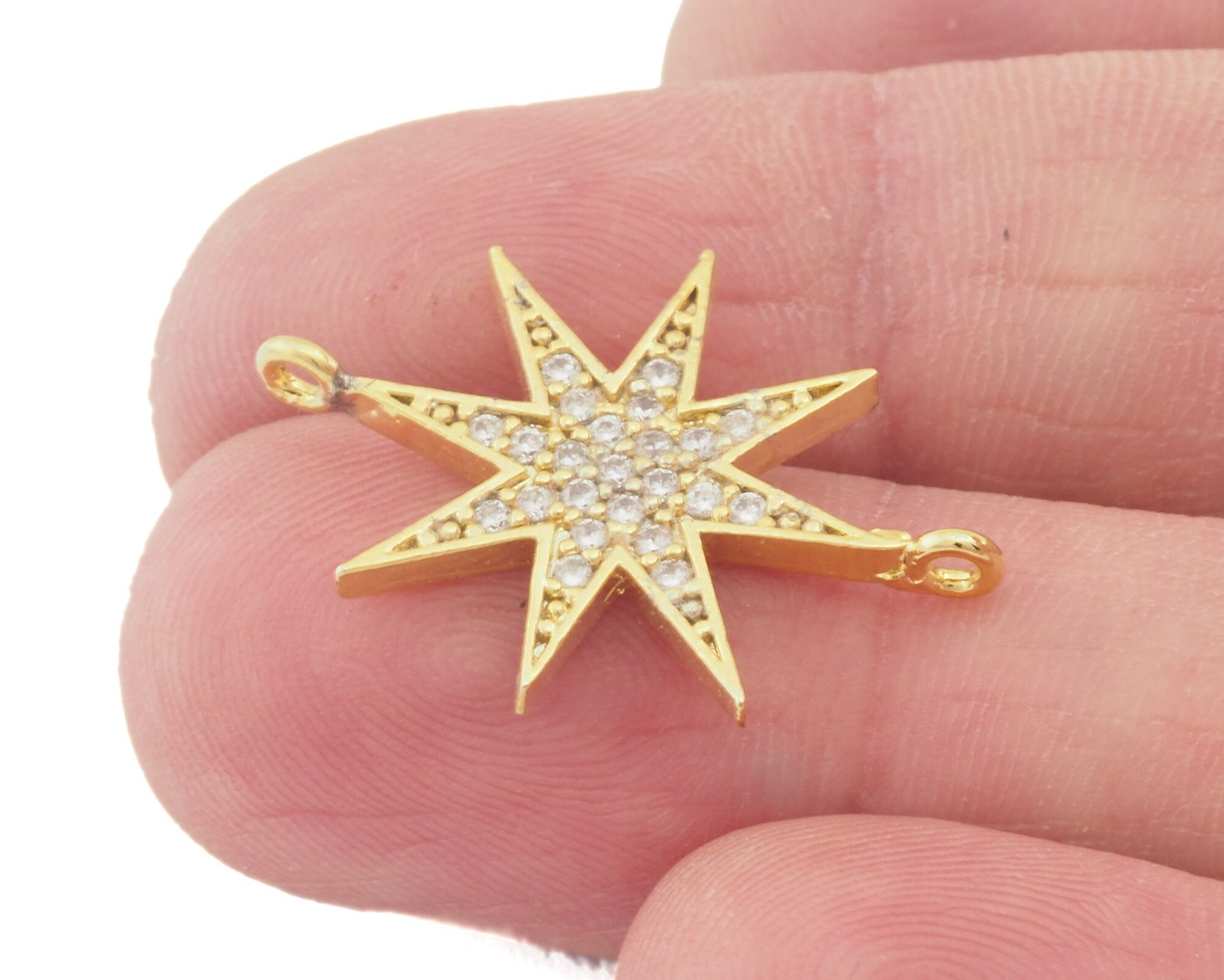 Micro Pave North Star Rhinestone Pendant 25mm gold plated alloy with 2 ring 710