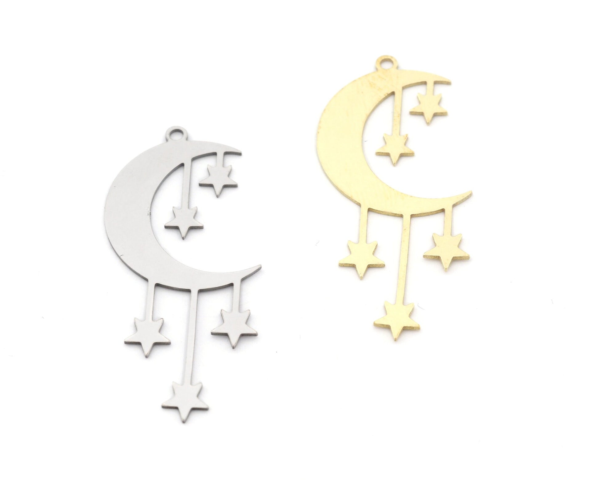 Crescent Moon Star charms pendant Raw Brass, Stainless Steel 42x18mm 0.5 mm 1 hole Findings 3070