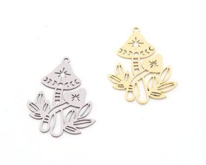 Moon Statement North Star Mushroom Charms Pendant Raw Brass, Stainless Steel 38x22mm 0.5 mm 1 hole Findings 3576