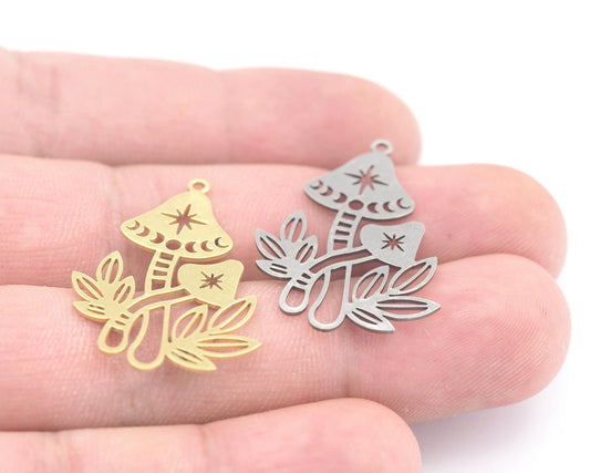 Moon Statement North Star Mushroom Charms Pendant Raw Brass, Stainless Steel 38x22mm 0.5 mm 1 hole Findings 3576