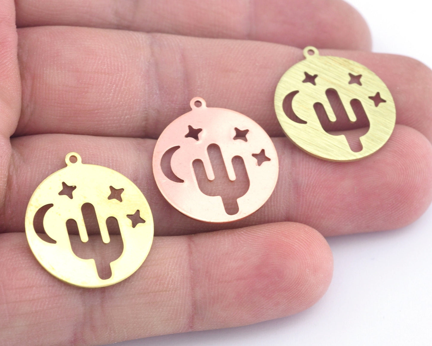 Round Cactus Crescent Moon star 22x24.5mm Copper - raw brass - brushed brass 1 holes charms findings 3745-200
