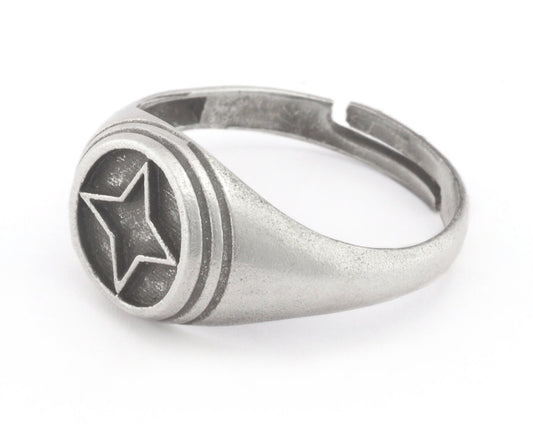 Star Signet Ring Adjustable Antique silver plated Brass (12.5-14US inner size) 3626