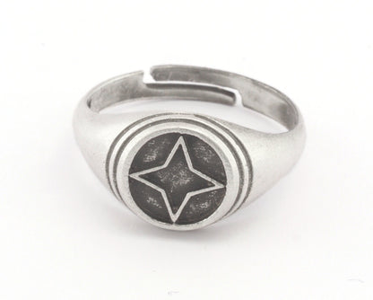 Star Signet Ring Adjustable Antique silver plated Brass (12.5-14US inner size) 3626