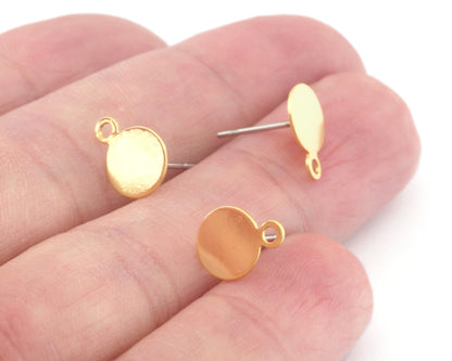 Circle Earring Stud posts with dangle loop Shiny gold plated brass 11x8mm 4555