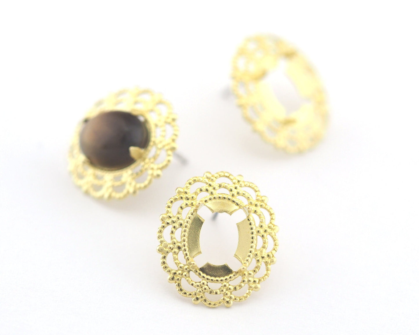 Filigree Oval Earring Stud Posts Blank Base Prong Shiny raw brass 18x16mm 4558