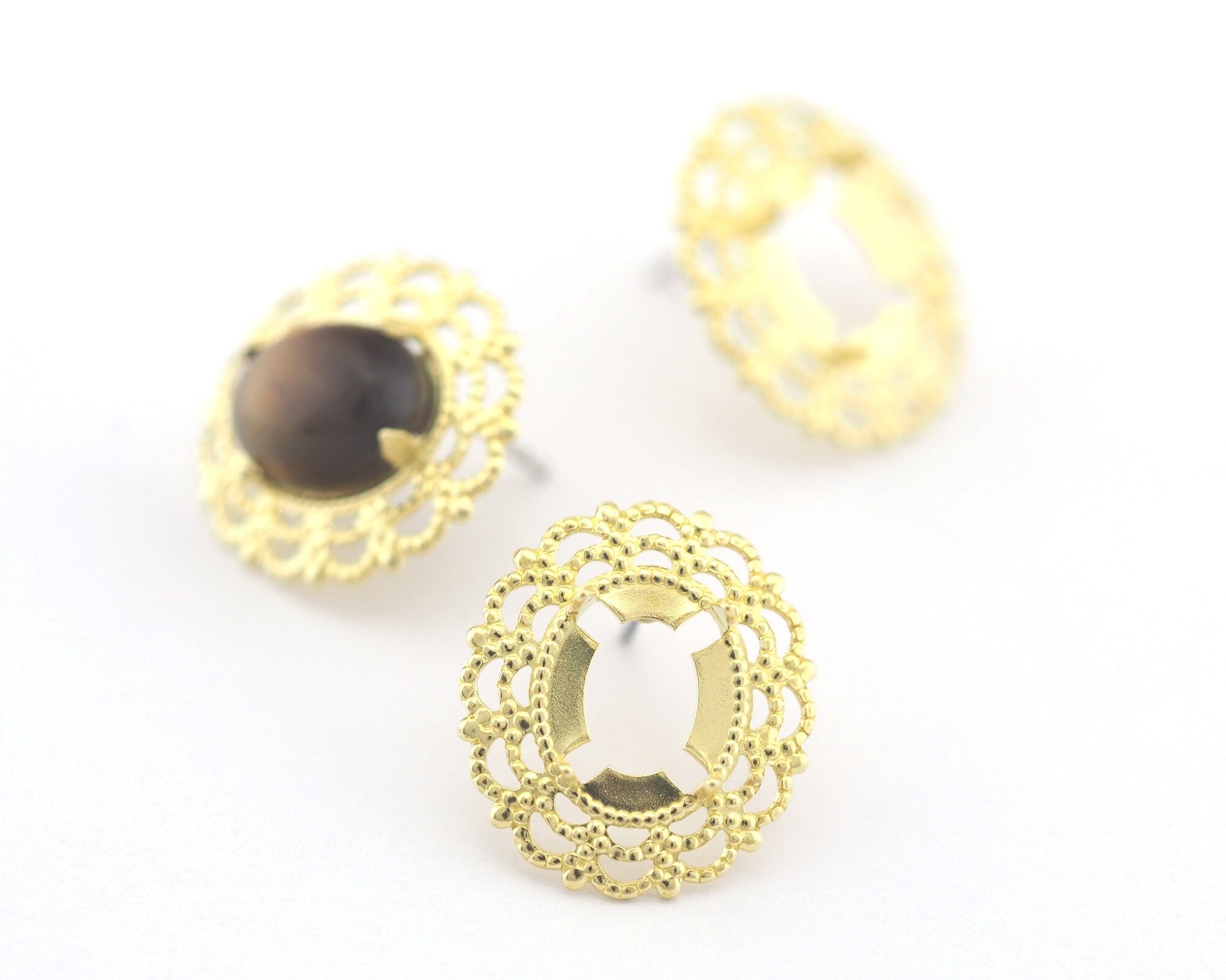 Filigree Oval Earring Stud Posts Blank Base Prong Shiny raw brass 18x16mm 4558