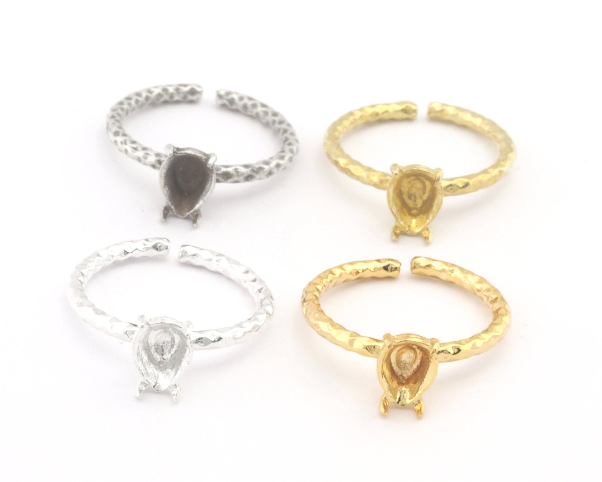 Pear Hammered Ring Base Adjustable Ring Bezel Raw Brass - Shiny silver - Antique silver - Shiny gold plated (8x6mm blank) OZ4571