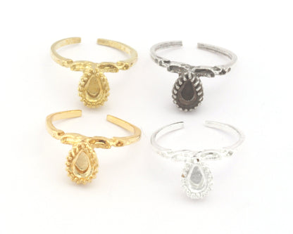 Pear drop Ethnic Ring Base Adjustable Ring Bezel Raw Brass - Shiny silver - Antique silver - Shiny gold plated (6x4 mm blank) OZ4486