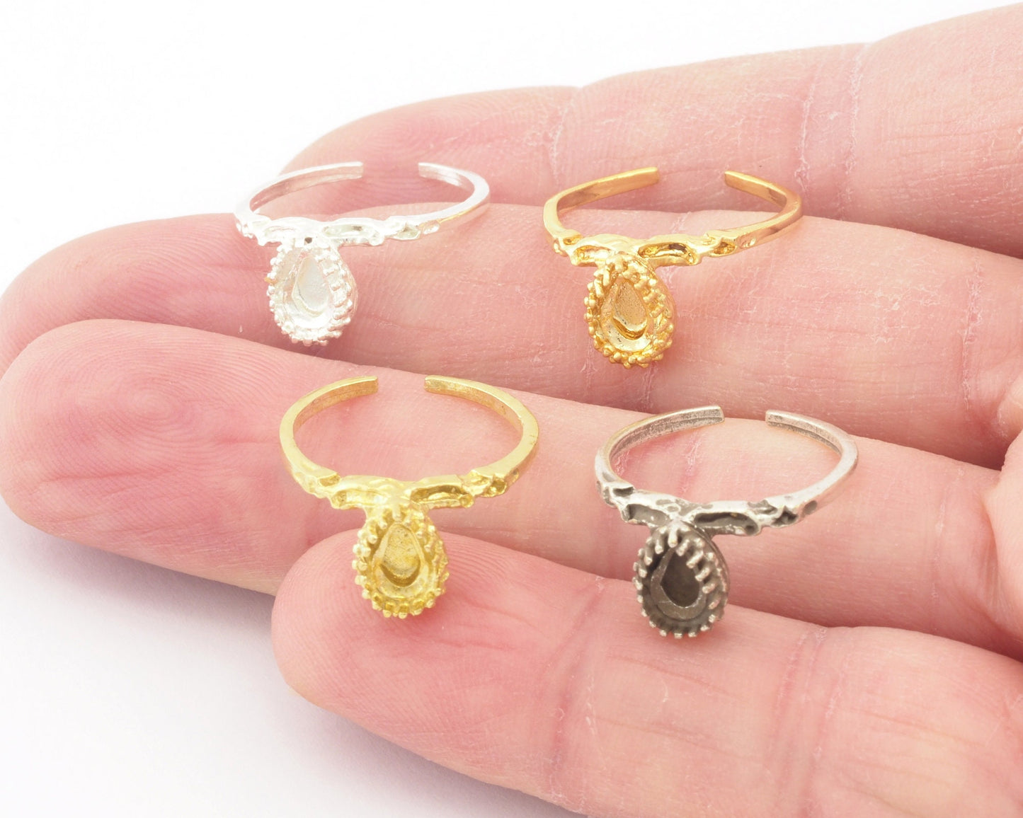 Pear drop Ethnic Ring Base Adjustable Ring Bezel Raw Brass - Shiny silver - Antique silver - Shiny gold plated (6x4 mm blank) OZ4486