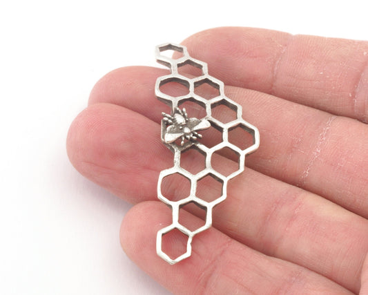 Honeycomb bee pendant Shiny Gold - Antique Silver Plated or Raw Brass 55x20mm 4572