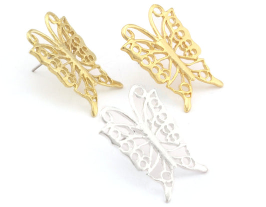 Butterfly stud earring base Shiny Gold Plated - Shiny Silver Plated or Raw Brass 27.5x21mm 4576