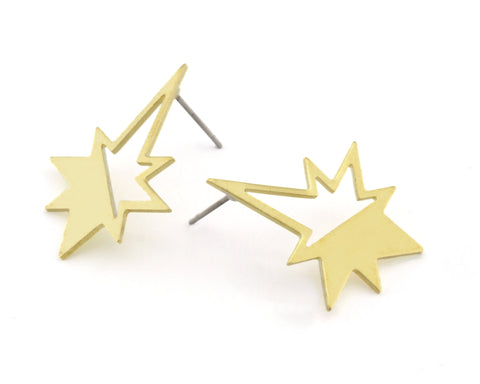 North star Earring Stud Posts with dangle hole , Raw brass , 27x21.5mm 4300