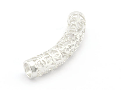 1 pc 9x48mm (hole 6mm ) Shiny Silver Plated Brass Curved Tube Filigree Brass Charms,Pendant,Findings spacer bead O29