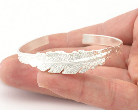 Feather Cuff Bracelet Shiny Silver Plated Brass (55mm inner size - Adjustable ) OZ3162