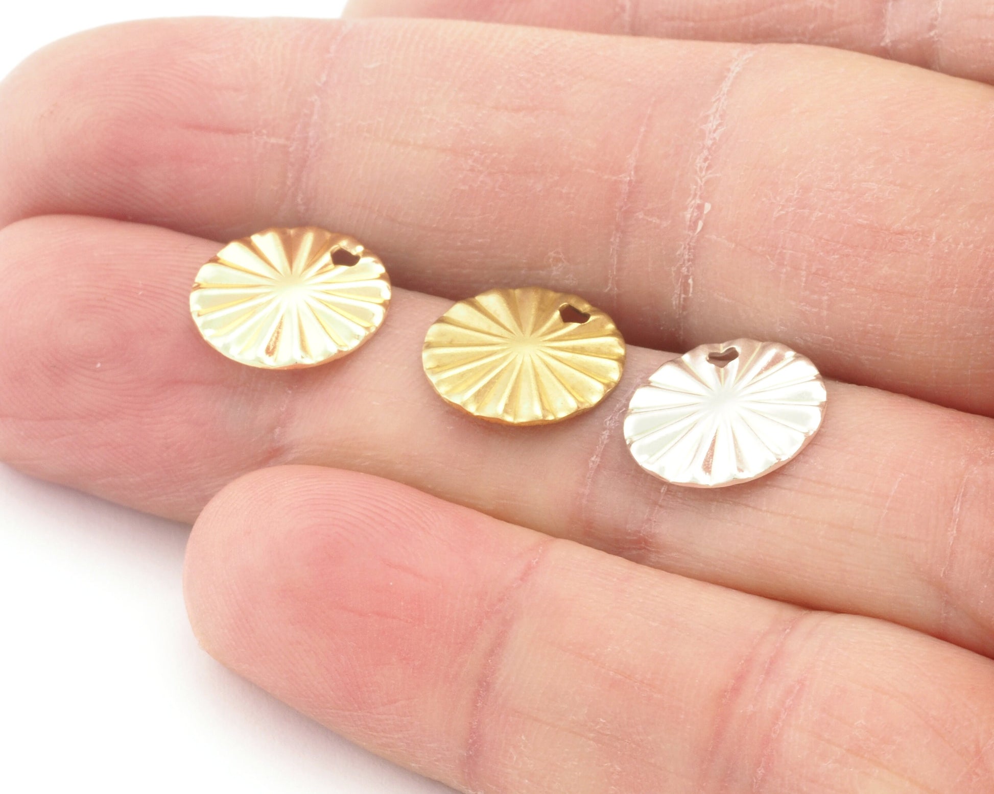 Disc Ribbed Starburst Design Charms Tag 12 mm (0.8mm thickness) Raw Brass with hole, Shiny gold or shiny silver plated 4585