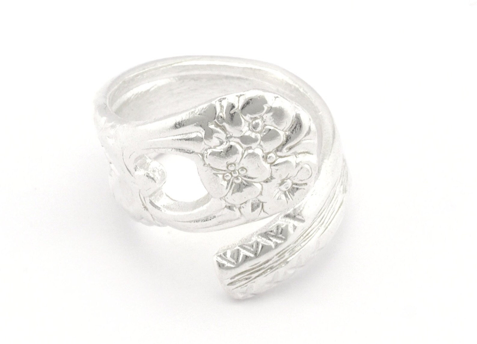 Spoon Wrap Ring Flower Patterned Adjustable Shiny Silver Plated Brass (18mm 8US inner size) 4050