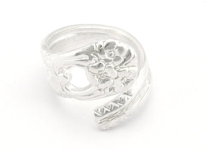 Spoon Wrap Ring Flower Patterned Adjustable Shiny Silver Plated Brass (18mm 8US inner size) 4050