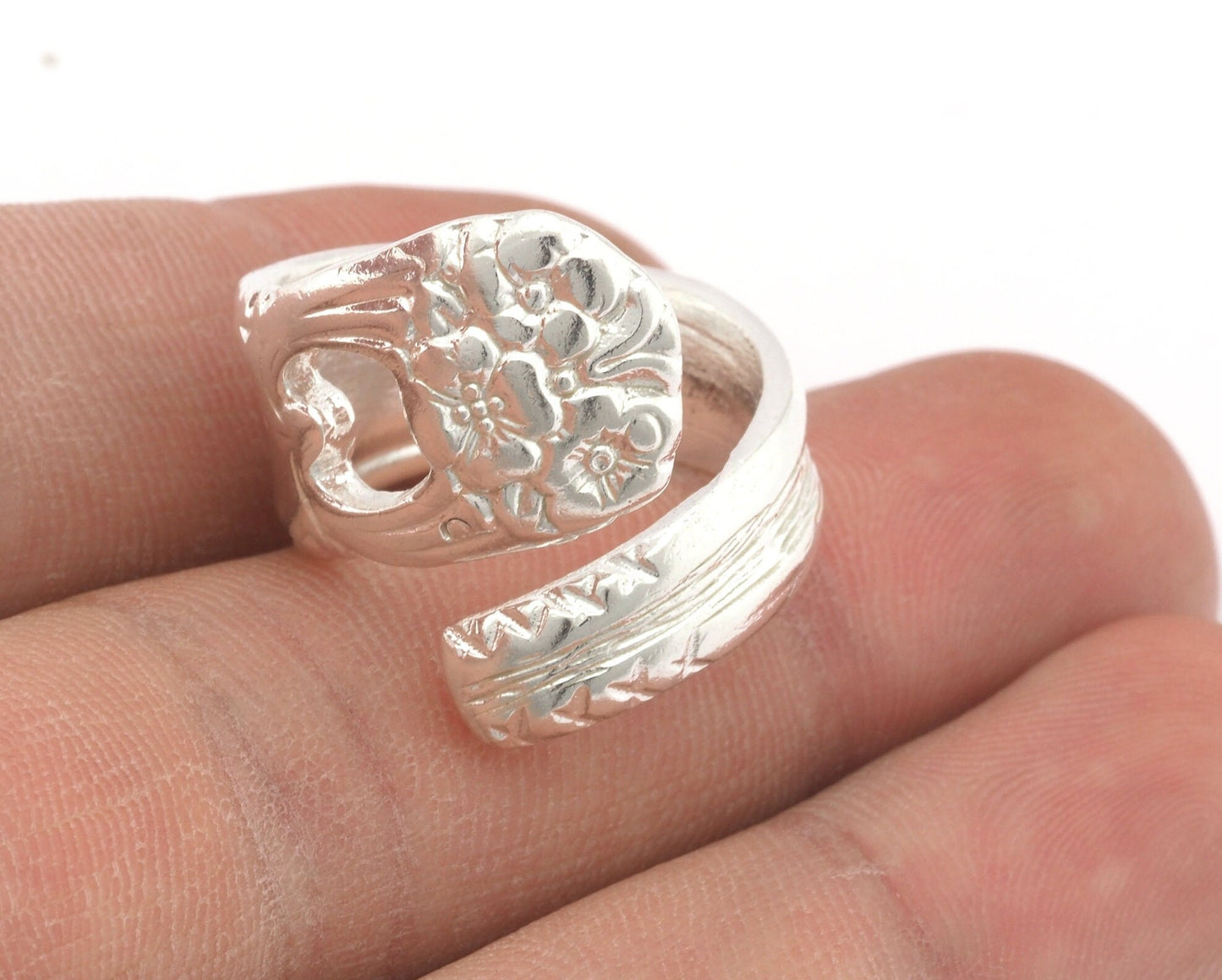 Spoon Wrap Ring Flower Patterned Adjustable Shiny Silver Plated Brass (18mm 8US inner size) 4050