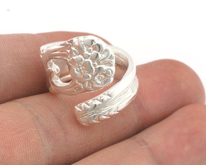 Spoon Wrap Ring Flower Patterned Adjustable Shiny Silver Plated Brass (18mm 8US inner size) 4050