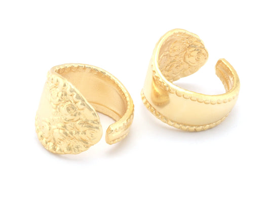 Spoon Ring Flower Patterned Adjustable Ring Shiny gold Plated Brass (18mm 8US inner size) OZ2710